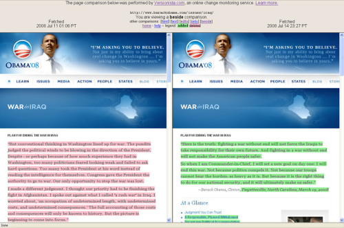 Obama statements compared at Versionista
